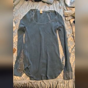 Blue Long-Sleeve Waffle Knit Top